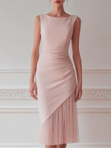 Sleeveless Ruched Waist Asymmetric Pleated Midi Dress