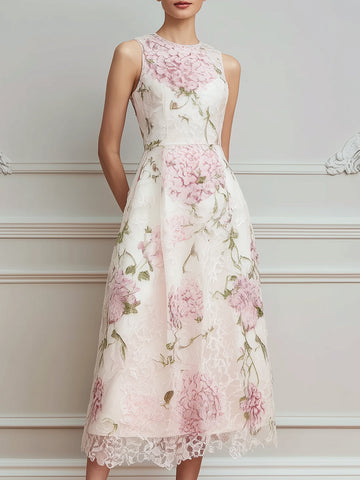 Floral Lace Sleeveless A-Line Midi Dress