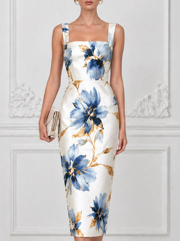 Square Neck Sleeveless Floral Sheath Midi Dress