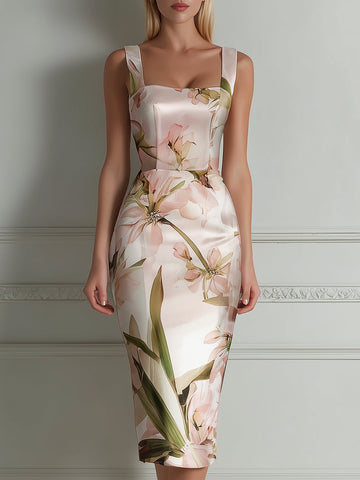 Square Neck Floral Print Fitted Sheath Midi Dress