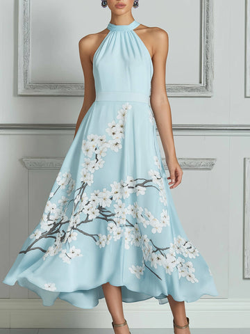 Light Blue Cherry Blossom Print Midi Dress