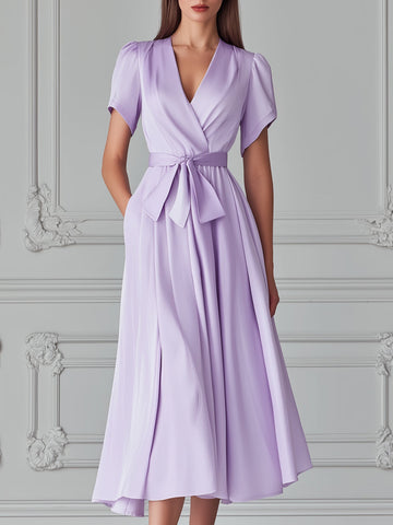 Elegant Lavender Satin Wrap V-Neck Midi Dress