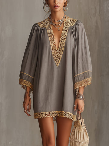 Gray V-Neck Mini Dress With Golden Crochet Trim