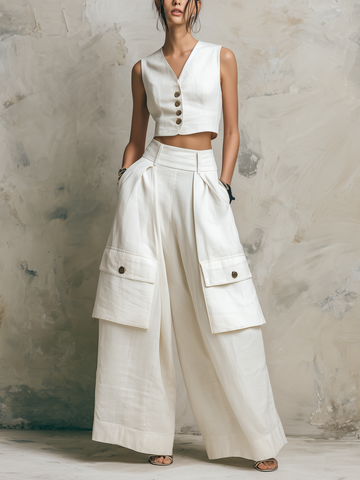 Linen-Blend Vest & Wide-Leg Cargo Pants Set | Tailored Two-Piece Outfit