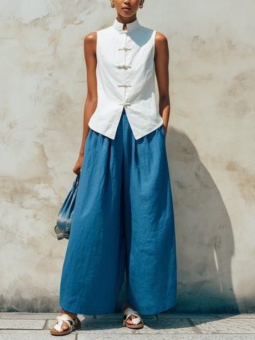 White Linen-Blend Frog-Button Vest & Blue Wide-Leg Pants Set