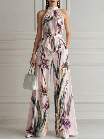 Pleated Halter Neck Floral Print Wide-Leg Jumpsuit With Waist Tie