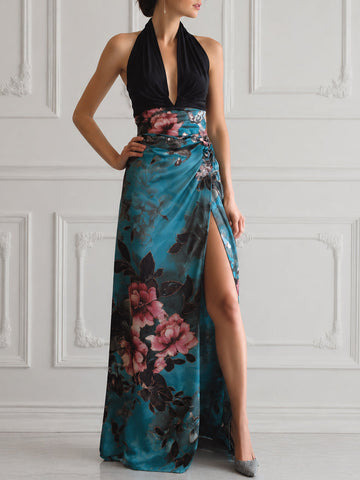 Halter Deep V-Neck Floral Print High Slit Maxi Dress