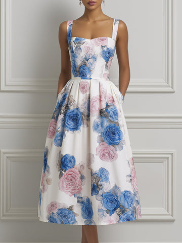 Watercolor Rose Print Square Neck Midi Dress