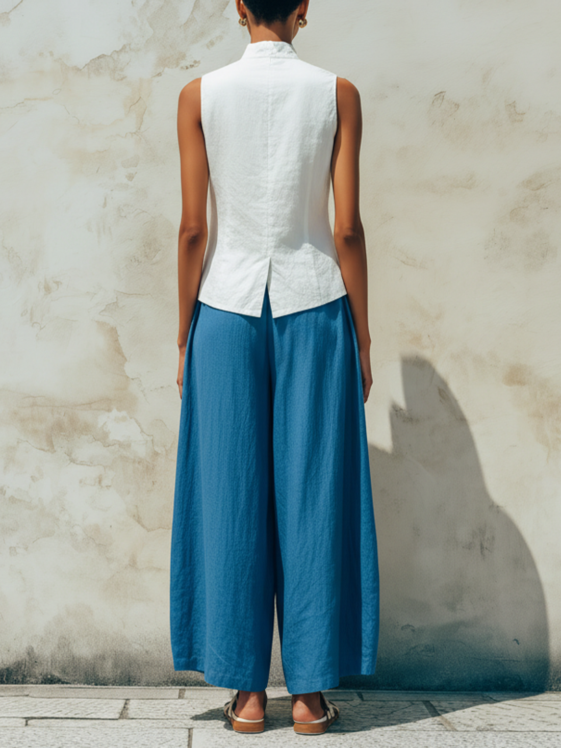 White Linen-Blend Frog-Button Vest & Blue Wide-Leg Pants Set