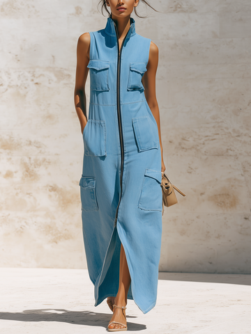 Light Blue Tencel Denim Sleeveless Cargo Maxi Dress With Front Zip