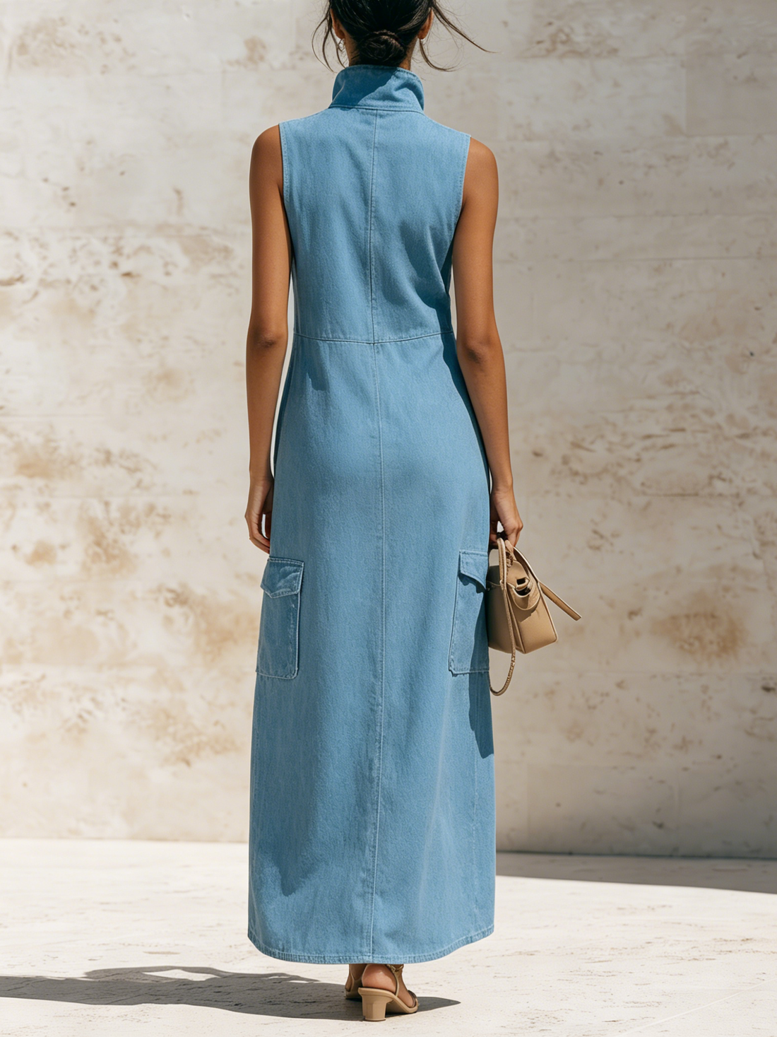 Light Blue Tencel Denim Sleeveless Cargo Maxi Dress With Front Zip