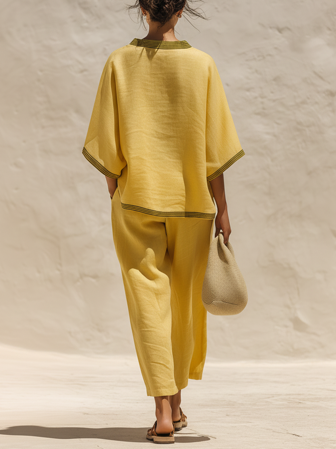 Yellow Linen-Blend Contrast Trim Two-Piece Set