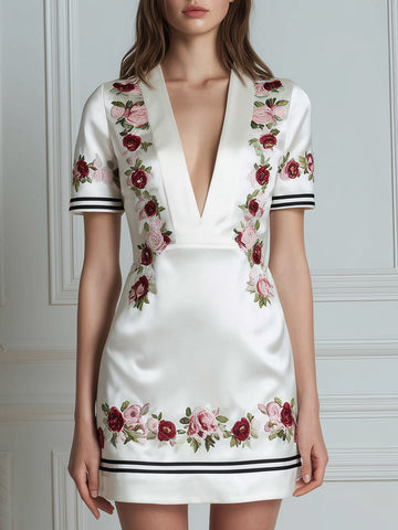Deep V-Neck Floral Embroidered Contrast Trim Mini Dress