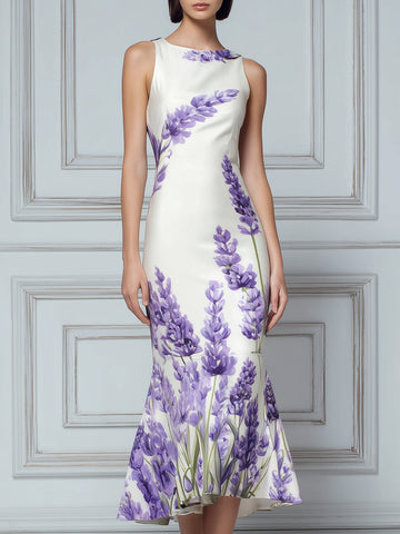 Sleeveless Round Neck Floral Print Fishtail Midi Dress