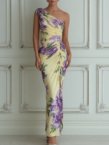 Yellow Purple Floral One-Shoulder Ruched Maxi Dress