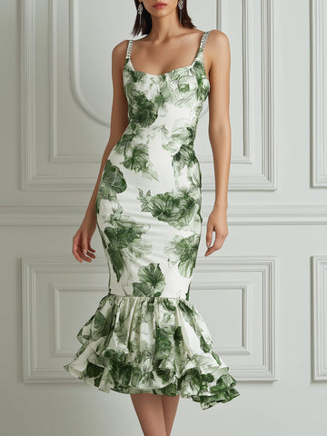 Green Leaf Print Mermaid Midi Dress