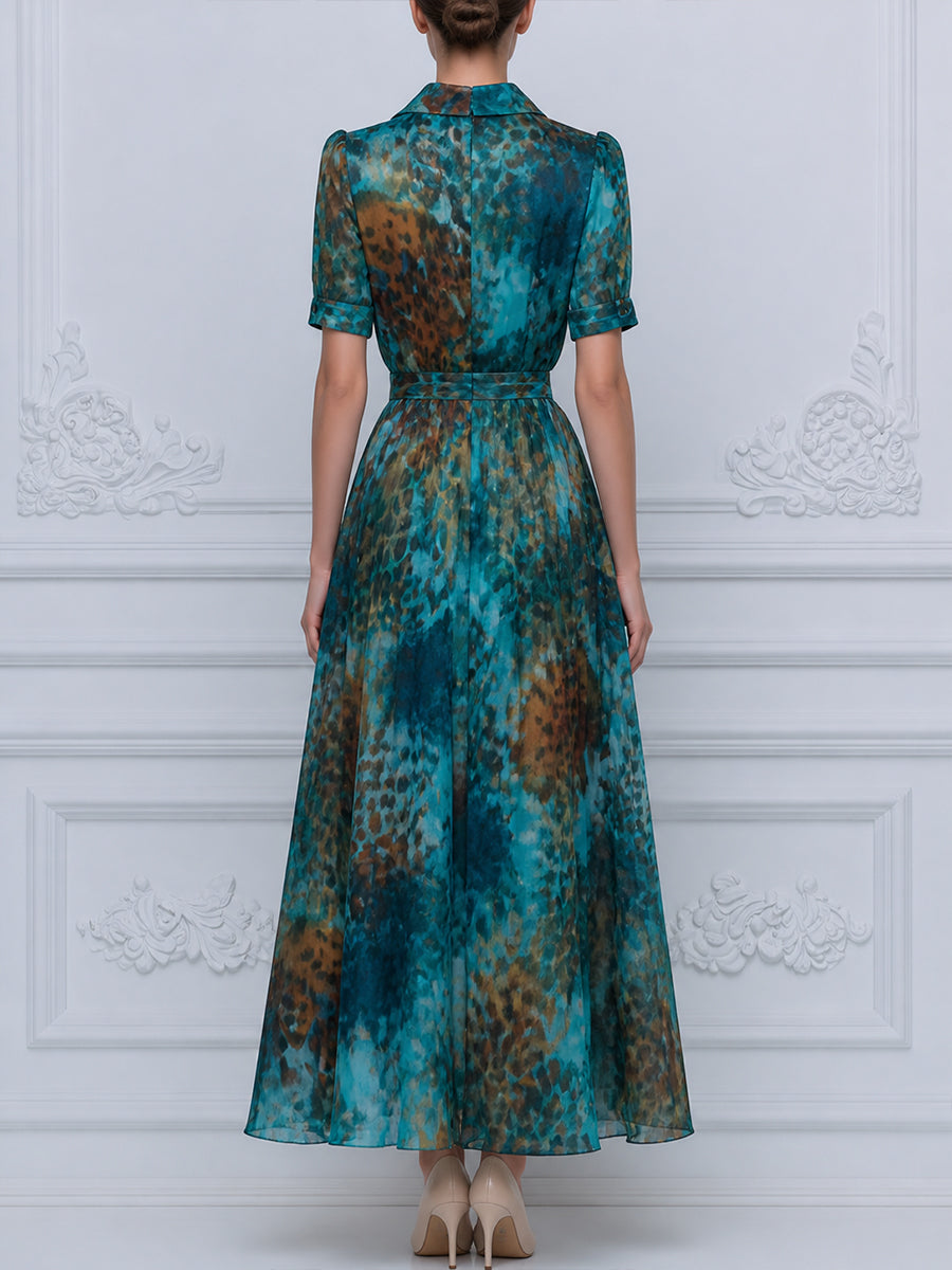 Printed Button-Front Short Sleeve Shirt Midi Dress With Pleated Skirt