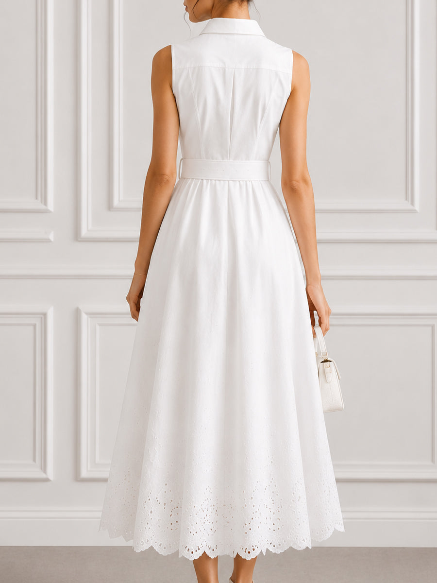 Sleeveless Button-Front Shirt Midi Dress With Scalloped Cutwork Hem