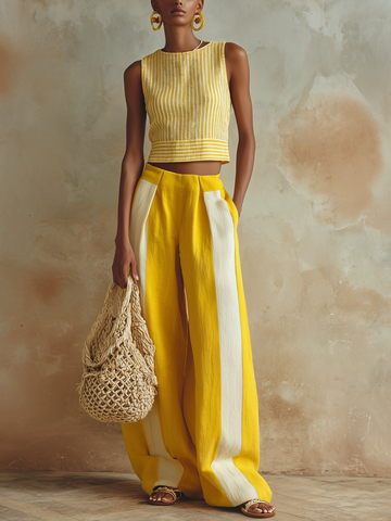 Yellow & White Striped Sleeveless Crop Top & Wide-Leg Pants Two-Piece Set