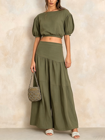 Olive Green Linen-Blend Two-Piece Set - Puff Sleeve Crop Top & Tiered Wide Leg Pants