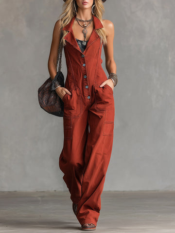 Retro-Chic Rust-Red Collared Denim Jumpsuit
