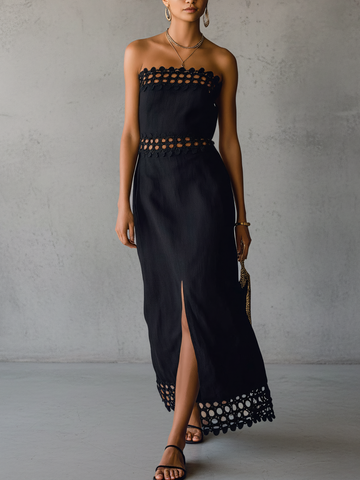 Black Off Shoulder Cotton Linen Midi Dress With Hollow Lace Trim