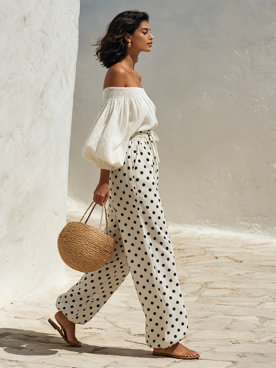 Vacation-Style White Off-the-Shoulder Top And White Polka-Dot Wide-Leg Pants Set