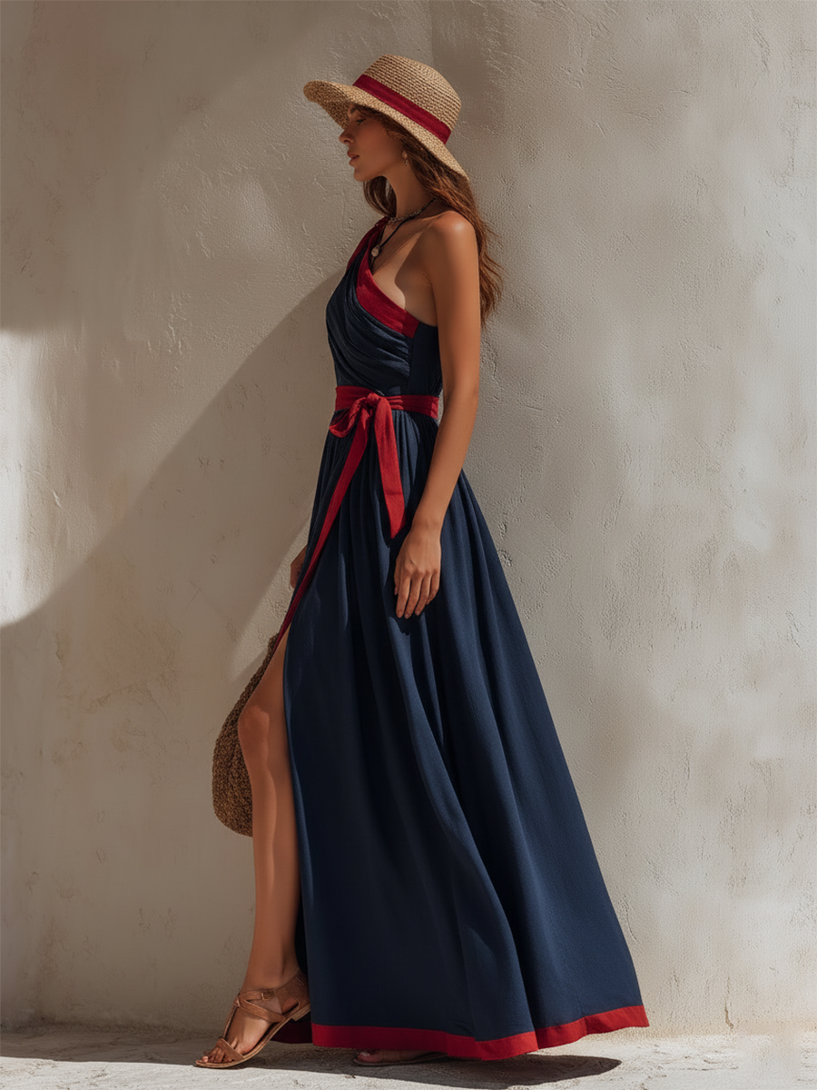 Vacation-Style Navy Blue One-Shoulder Slit Sleeveless Maxi Dress