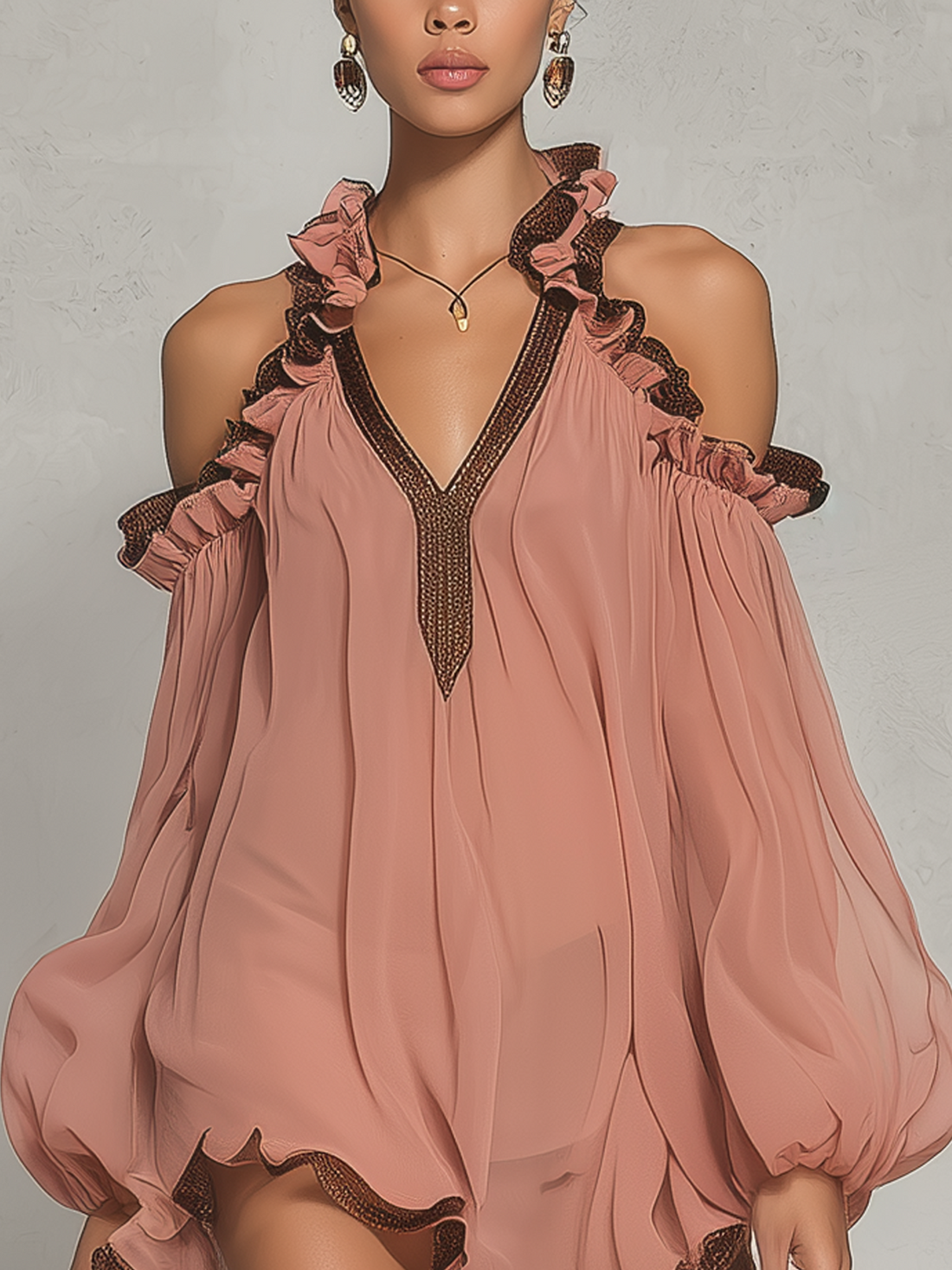 Pink Cold Shoulder Ruffled Chiffon Mini Dress With Brown Trim