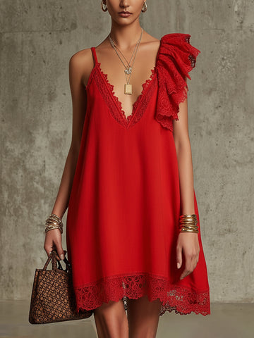Red Lace Trim Mini Dress With Ruffled Shoulder Detail
