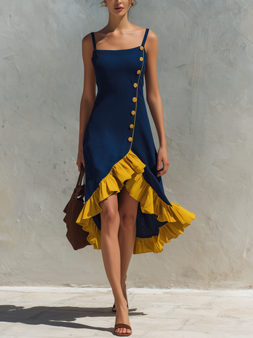 Navy Blue & Yellow High-Low Ruffle Hem Cami Dress