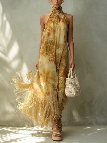 Golden Floral Chiffon Sleeveless Fringe Maxi Dress