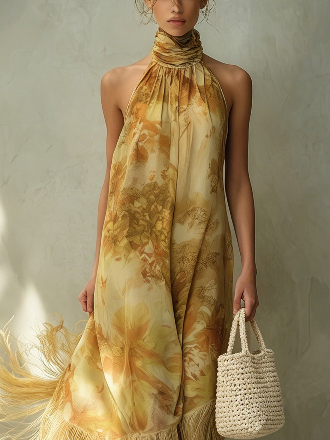 Golden Floral Chiffon Sleeveless Fringe Maxi Dress