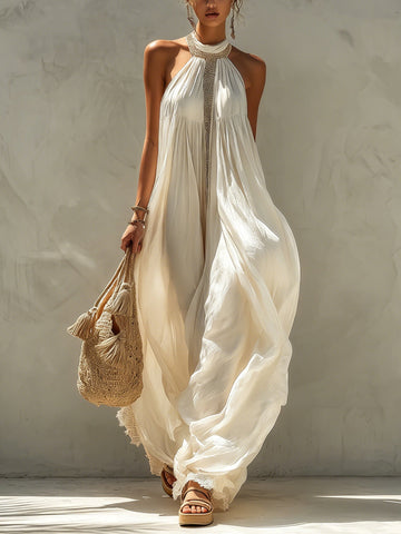 Ivory Chiffon Lace Trim Maxi Dress