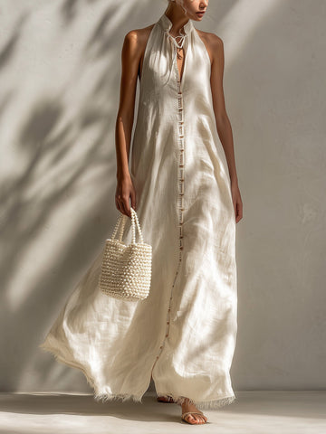 Ivory Sleeveless Linen Embroidered Maxi Dress