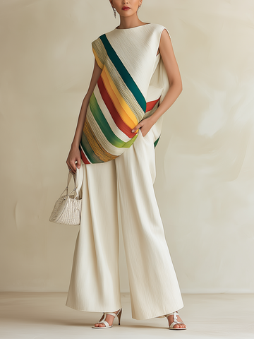 Pleated Diagonal Rainbow Stripe Sleeveless Top & Wide-Leg Pants Set