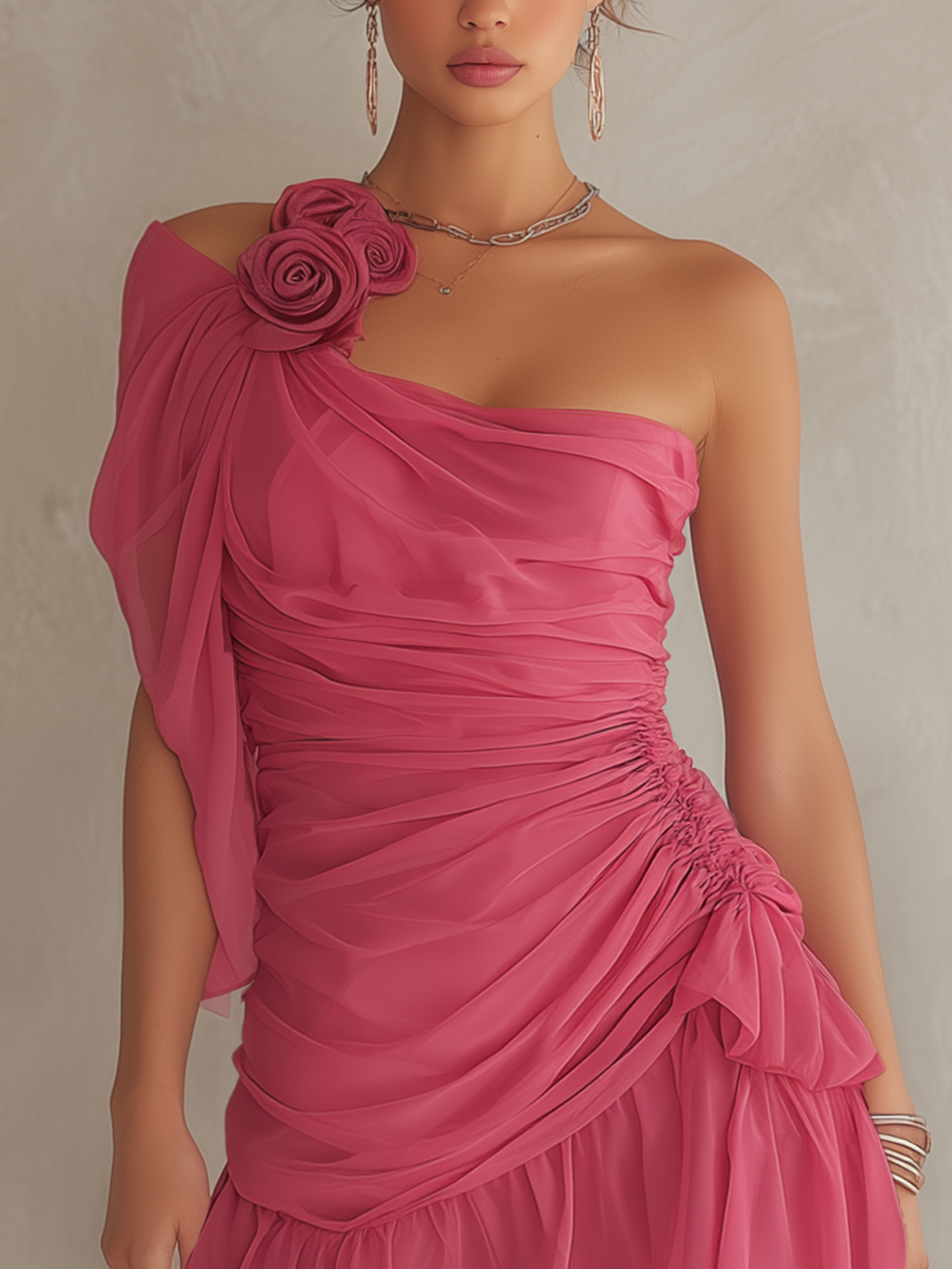 Hot Pink One-Shoulder Chiffon Mini Dress With 3D Floral Shoulder