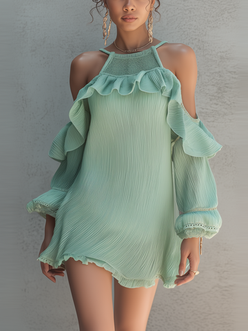 Mint Green Cold Shoulder Textured Mini Dress With Ruffle