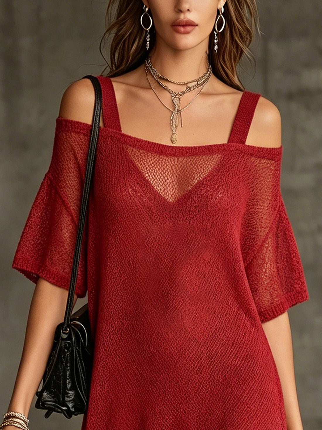 Red Off-Shoulder Knit Mini Dress With Fringe Hem
