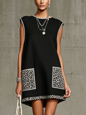 Black Sleeveless Mini Dress With Leopard Print Pockets and Trim