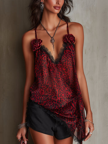 Red Leopard Print Lace-Trim Camisole With Floral Strap Detail