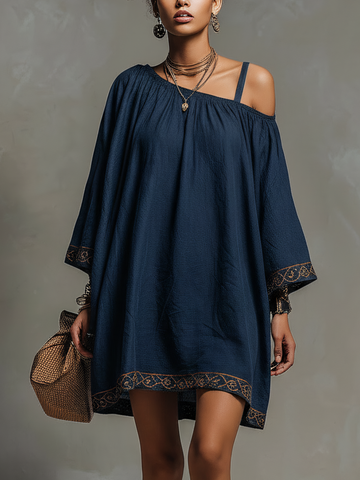 Navy One Shoulder Cotton Linen Mini Dress With Vintage Trim