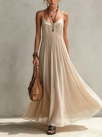 Oatmeal Sheer Chiffon Sleeveless Maxi Dress