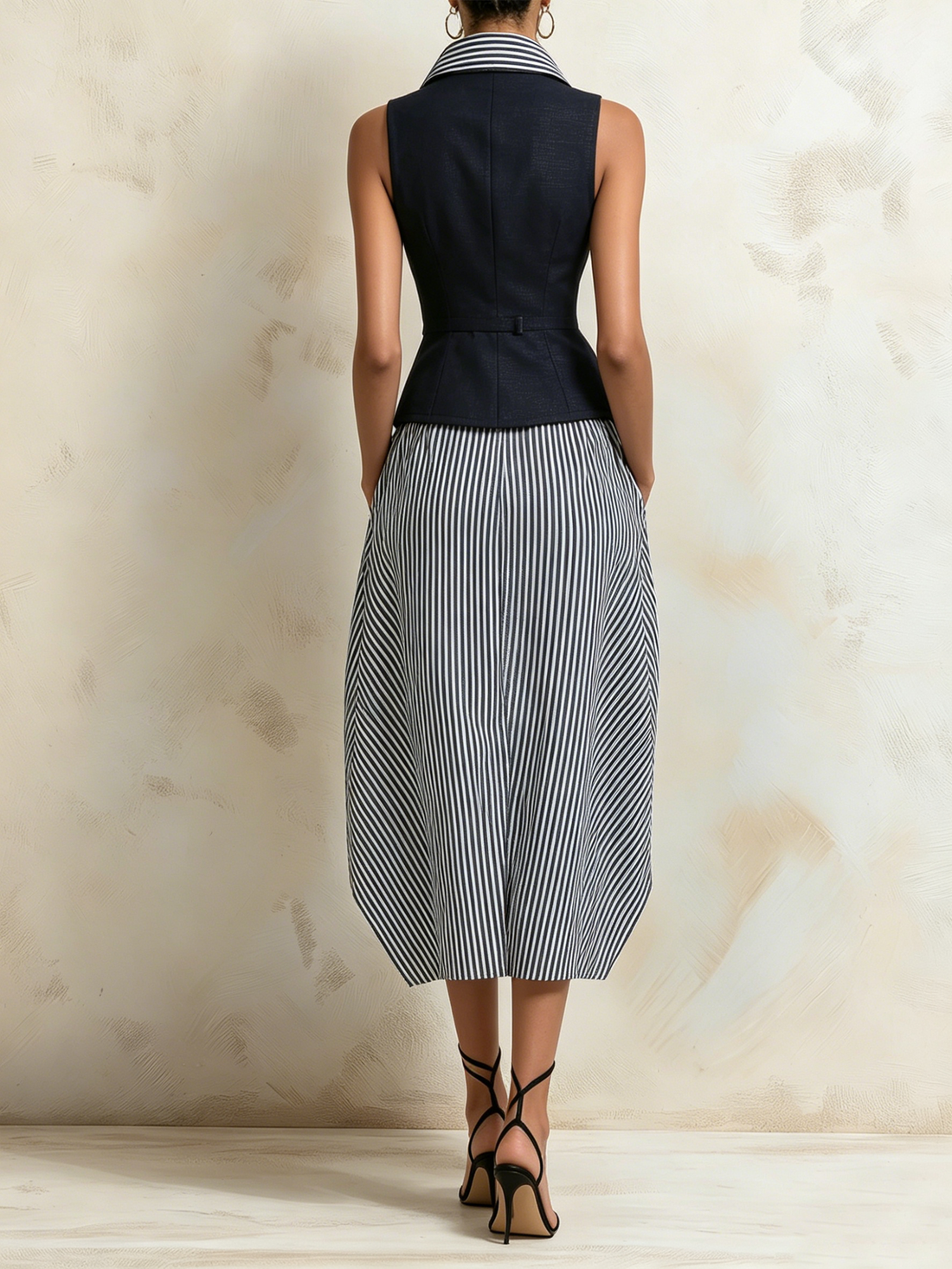 Navy Double-Breasted Vest & Striped Midi Skirt Set With Built-In Shirt Collar