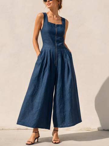 Navy Blue Linen-Blend Square Neck Zip-Front Wide-Leg Jumpsuit