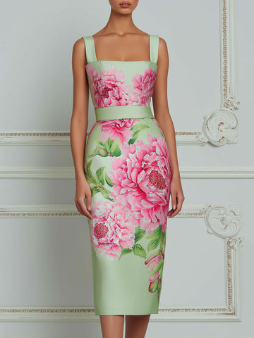 Elegant Mint Satin Midi Dress With Artistic Pink Peony