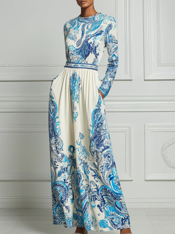 Ivory Blue Baroque Porcelain‑Inspired Print Maxi Dress