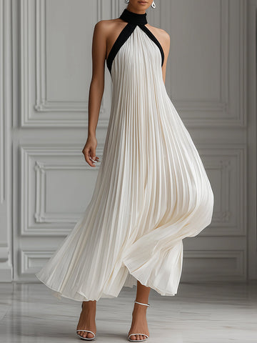 Elegant Pleated Monochrome Halter Maxi Dress