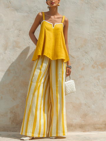 Yellow Linen-Blend Cami Top & Striped Wide-Leg Pants Two-Piece Set