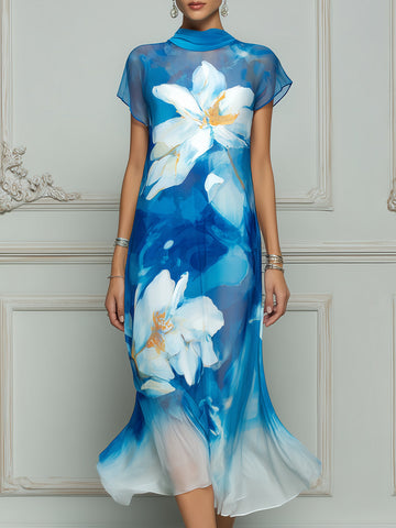 Elegant Watercolor Floral Sheer Maxi Dress